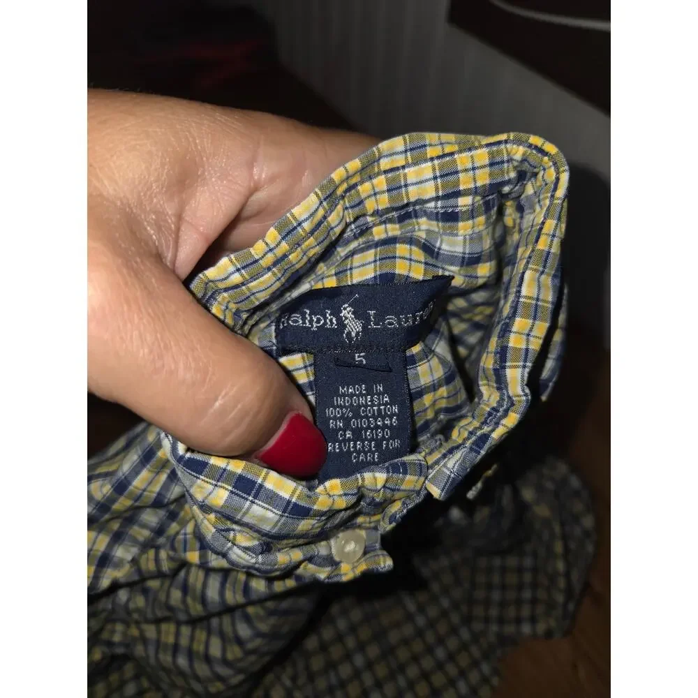 Ralph Lauren Boys Size 5 Button Down Shirt Yellow Navy Blue Long Sleeve Cotton